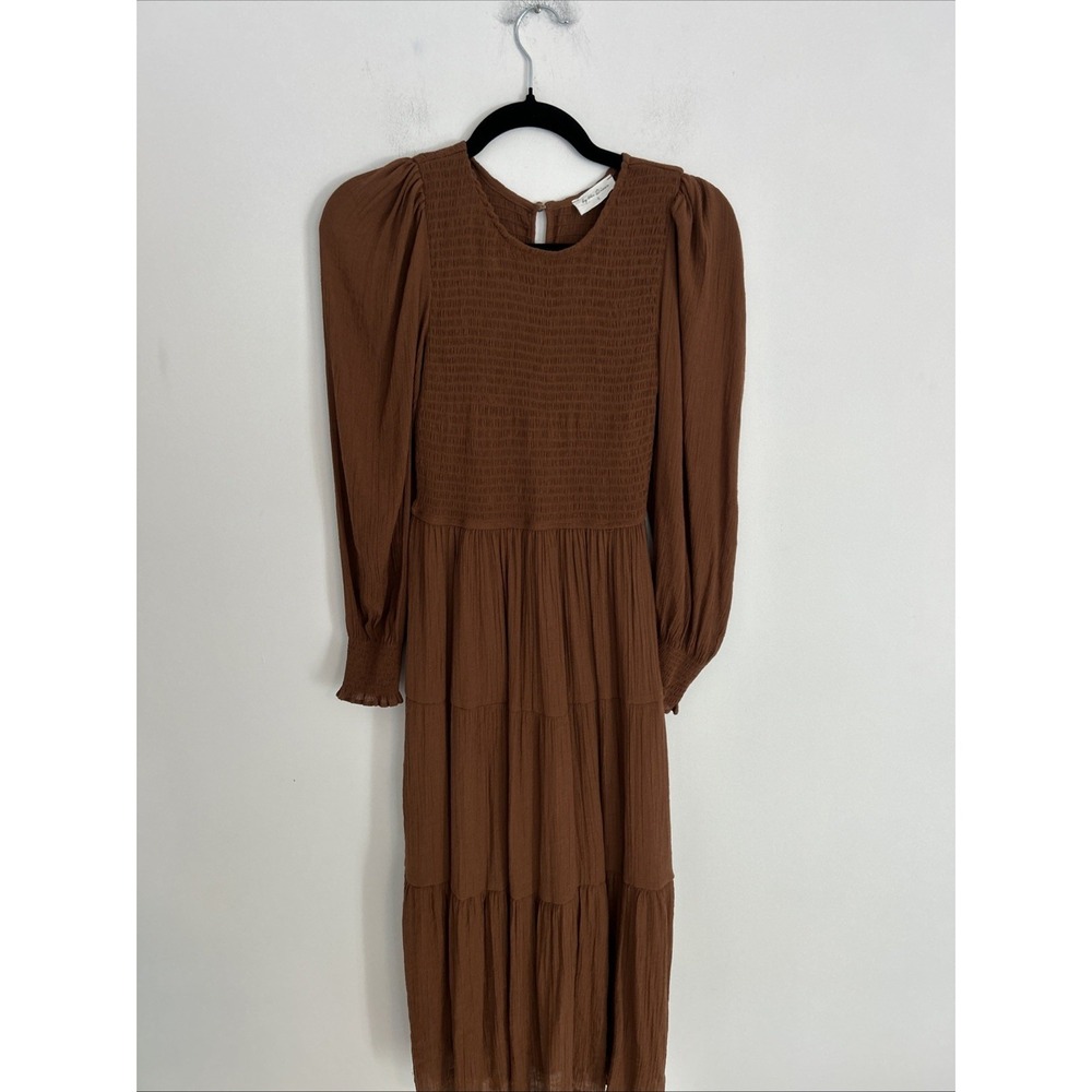 By‎ The River Women's S Bohemian Puff Sleeves Brown Lagenlook Smocked Maxi Dress